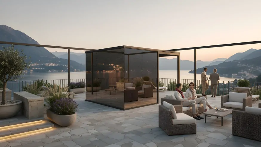  An der Grenze zwischen Architektur und Natur entstand die neue minimalistische Spiegelsauna.